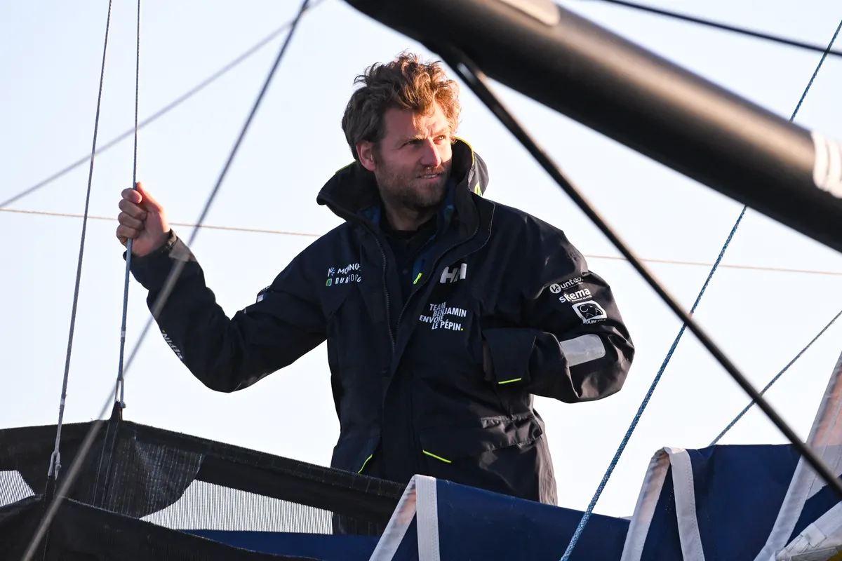 LES SABLES D’OLONNE, FRANCE - FEBRUARY 03, 2025 : Monnoyeur - DUO for a JOB skipper Benjamin Ferré (FRA) is photographed in the channel after taking 16th place in the Vendee Globe, on February 03, 2025 in Les Sables d'Olonne, France - (Photo by Vincent Curutchet / Alea)