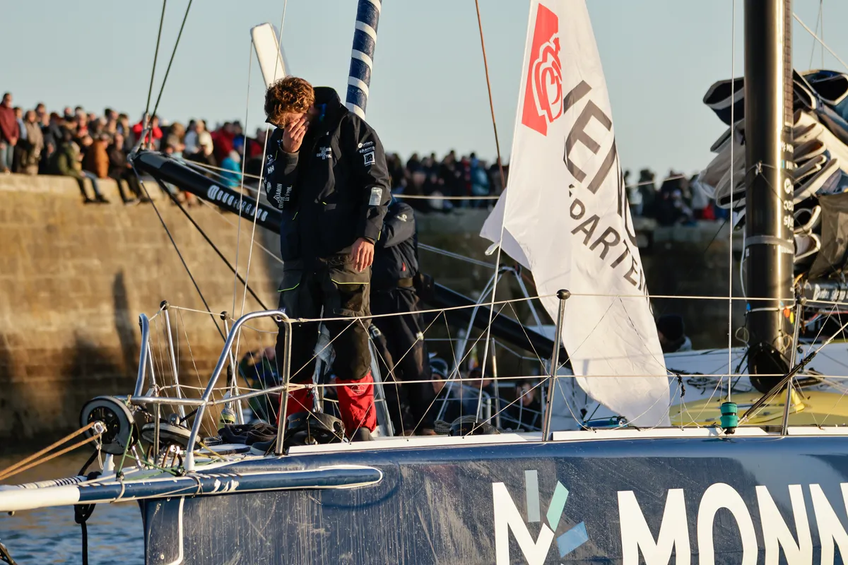 LES SABLES D’OLONNE, FRANCE - FEBRUARY 03, 2025 : Monnoyeur - DUO for a JOB skipper Benjamin Ferré (FRA) is celebrating in the channel after taking 16th place in the Vendee Globe, on February 03, 2025 in Les Sables d'Olonne, France - (Photo by Anne Beauge / Alea)