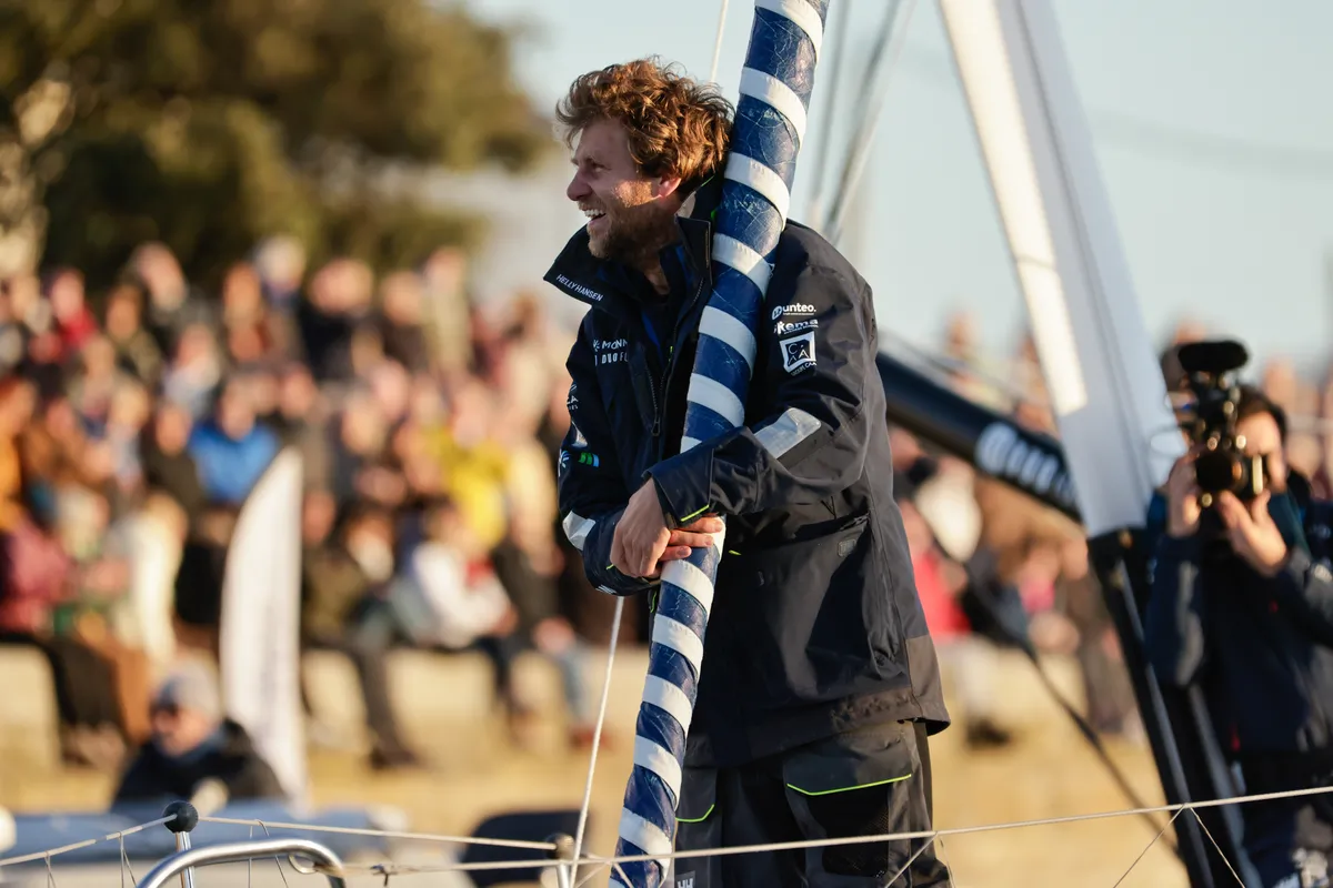 LES SABLES D’OLONNE, FRANCE - FEBRUARY 03, 2025 : Monnoyeur - DUO for a JOB skipper Benjamin Ferré (FRA) is celebrating in the channel after taking 16th place in the Vendee Globe, on February 03, 2025 in Les Sables d'Olonne, France - (Photo by Anne Beauge / Alea)