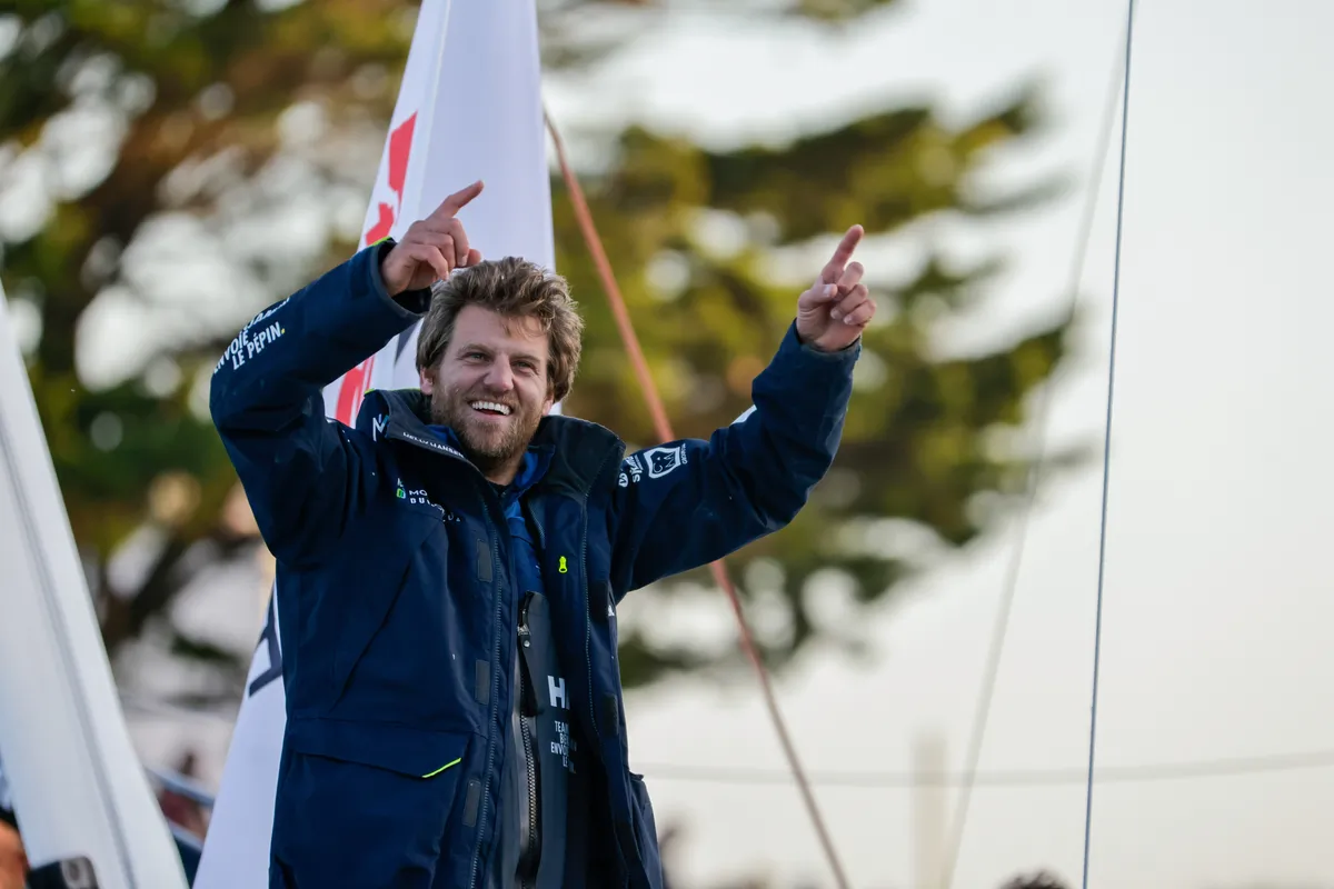 LES SABLES D’OLONNE, FRANCE - FEBRUARY 03, 2025 : Monnoyeur - DUO for a JOB skipper Benjamin Ferré (FRA) is celebrating in the channel after taking 16th place in the Vendee Globe, on February 03, 2025 in Les Sables d'Olonne, France - (Photo by Anne Beauge / Alea)