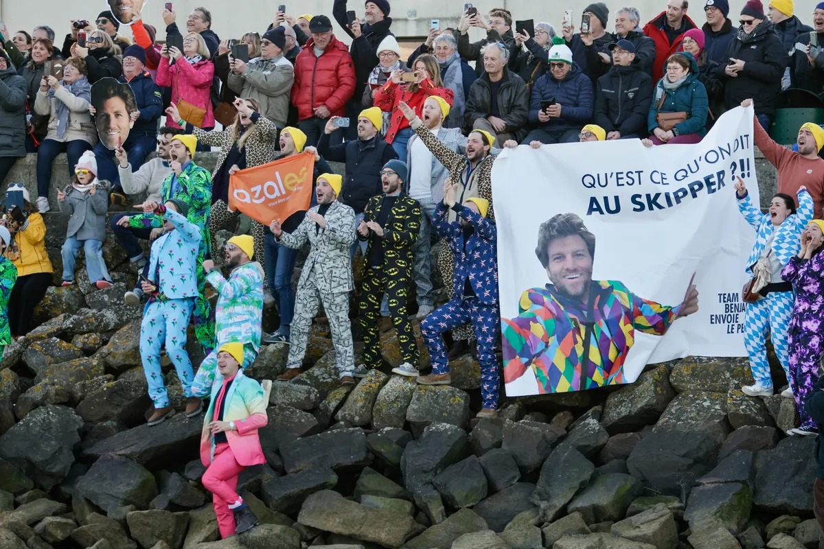 LES SABLES D’OLONNE, FRANCE - FEBRUARY 03, 2025 : Public is waiting for Monnoyeur - DUO for a JOB skipper Benjamin Ferré (FRA) after he takes 16th place in the Vendee Globe, on February 03, 2025 in Les Sables d'Olonne, France - (Photo by Anne Beauge / Alea)