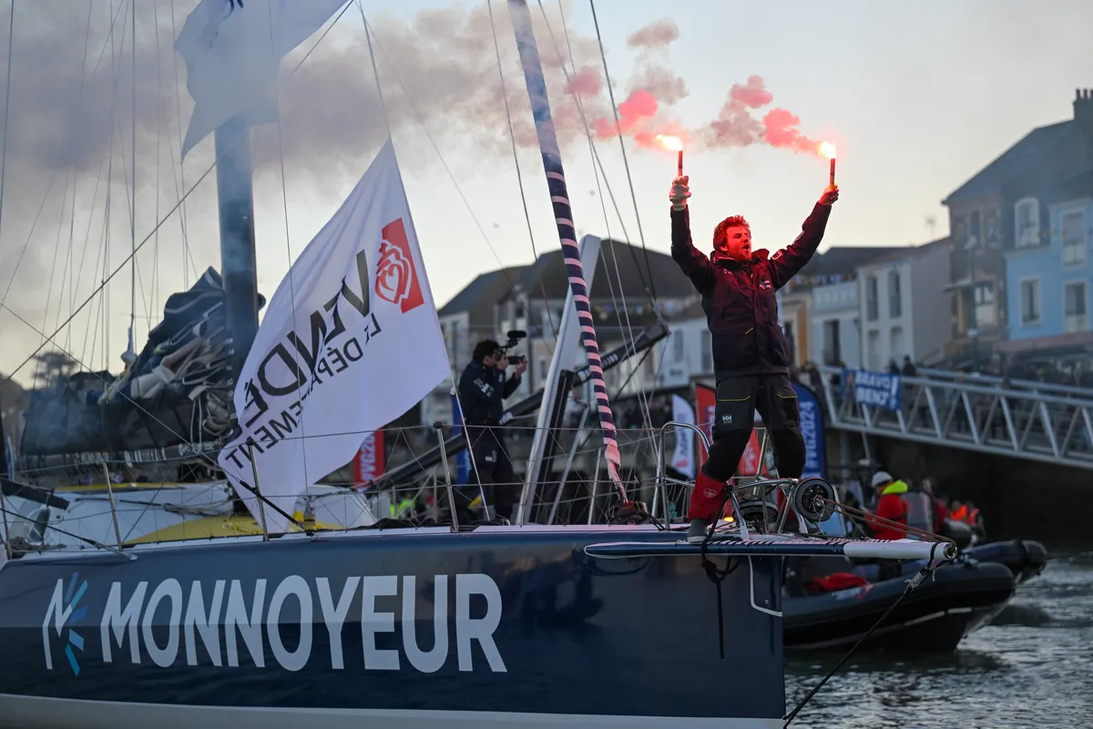LES SABLES D’OLONNE, FRANCE - FEBRUARY 03, 2025 : Monnoyeur - DUO for a JOB skipper Benjamin Ferré (FRA) is celebrating after taking 16th place in the Vendee Globe, on February 03, 2025 in Les Sables d'Olonne, France - (Photo by Vincent Curutchet / Alea)