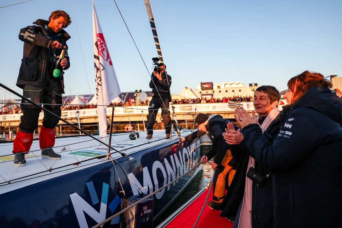 LES SABLES D’OLONNE, FRANCE - FEBRUARY 03, 2025 : Monnoyeur - DUO for a JOB skipper Benjamin Ferré (FRA) is photographed in the channel after taking 16th place in the Vendee Globe, on February 03, 2025 in Les Sables d'Olonne, France - (Photo by Jean-Marie Liot / Alea)