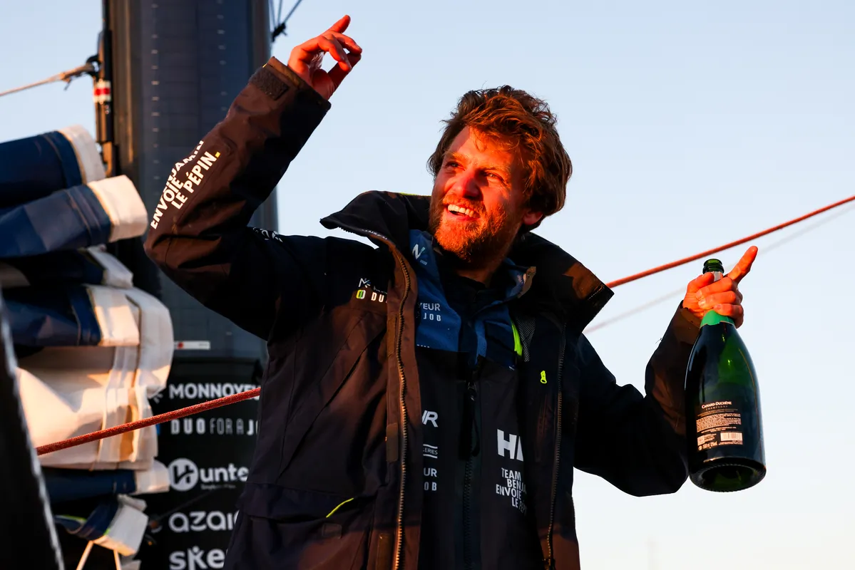 LES SABLES D’OLONNE, FRANCE - FEBRUARY 03, 2025 : Monnoyeur - DUO for a JOB skipper Benjamin Ferré (FRA) is photographed in the channel after taking 16th place in the Vendee Globe, on February 03, 2025 in Les Sables d'Olonne, France - (Photo by Jean-Marie Liot / Alea)