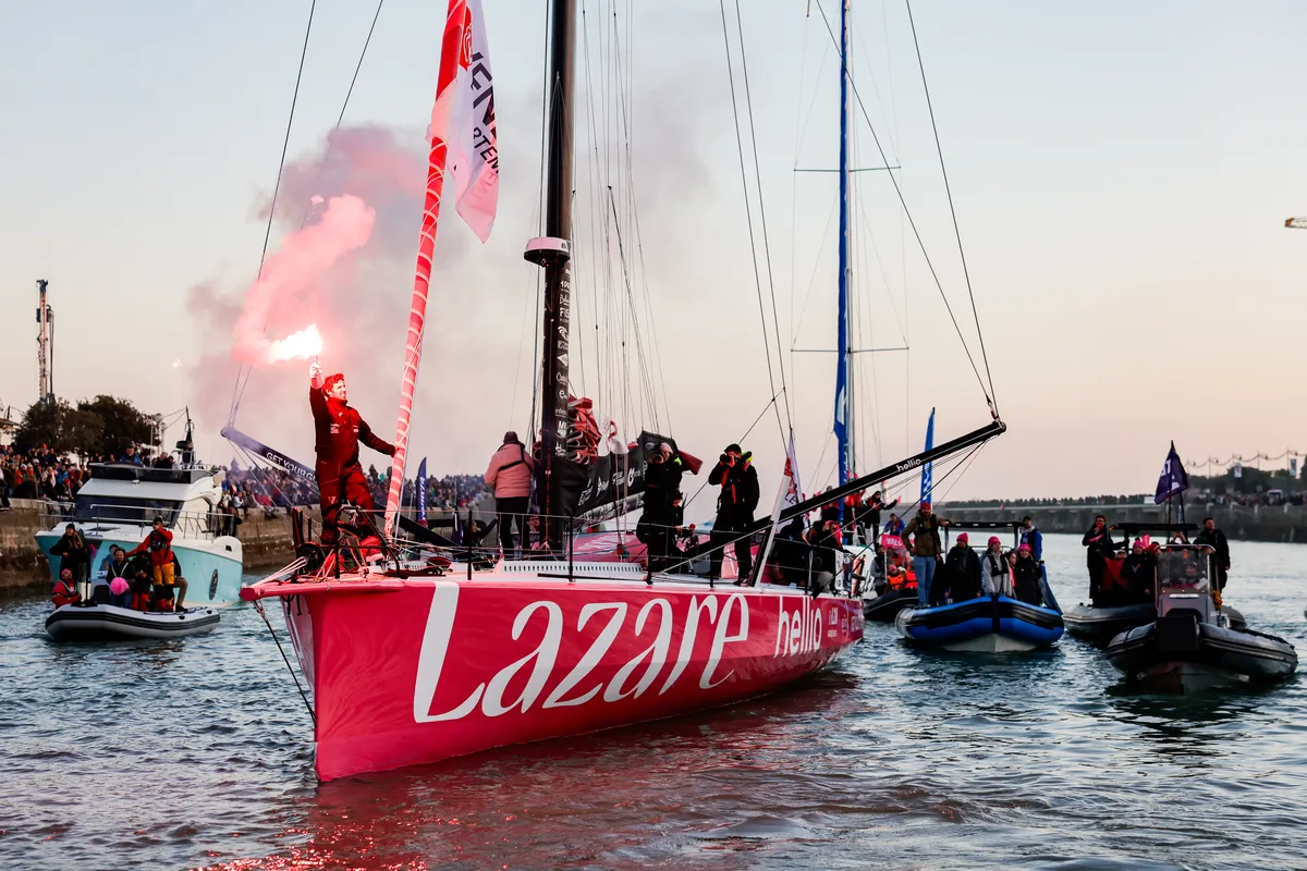LES SABLES D’OLONNE, FRANCE - FEBRUARY 03, 2025 : Lazare skipper Tanguy Le Turquais (FRA) is photographed in the channel after taking 17th place in the Vendee Globe, on February 03, 2025 in Les Sables d'Olonne, France - (Photo by Anne Beauge / Alea)