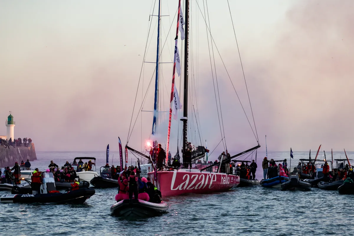 LES SABLES D’OLONNE, FRANCE - FEBRUARY 03, 2025 : Lazare skipper Tanguy Le Turquais (FRA) is photographed in the channel after taking 17th place in the Vendee Globe, on February 03, 2025 in Les Sables d'Olonne, France - (Photo by Anne Beauge / Alea)