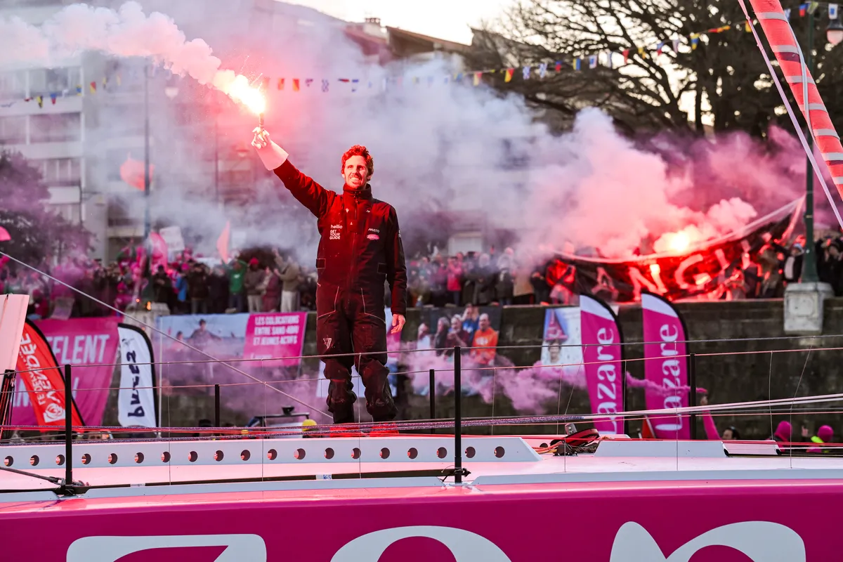 LES SABLES D’OLONNE, FRANCE - FEBRUARY 03, 2025 : Lazare skipper Tanguy Le Turquais (FRA) is photographed in the channel after taking 17th place in the Vendee Globe, on February 03, 2025 in Les Sables d'Olonne, France - (Photo by Vincent Curutchet / Alea)