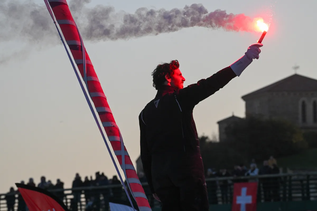 LES SABLES D’OLONNE, FRANCE - FEBRUARY 03, 2025 : Lazare skipper Tanguy Le Turquais (FRA) is celebrating in the channel after taking 17th place in the Vendee Globe, on February 03, 2025 in Les Sables d'Olonne, France - (Photo by Vincent Curutchet / Alea)