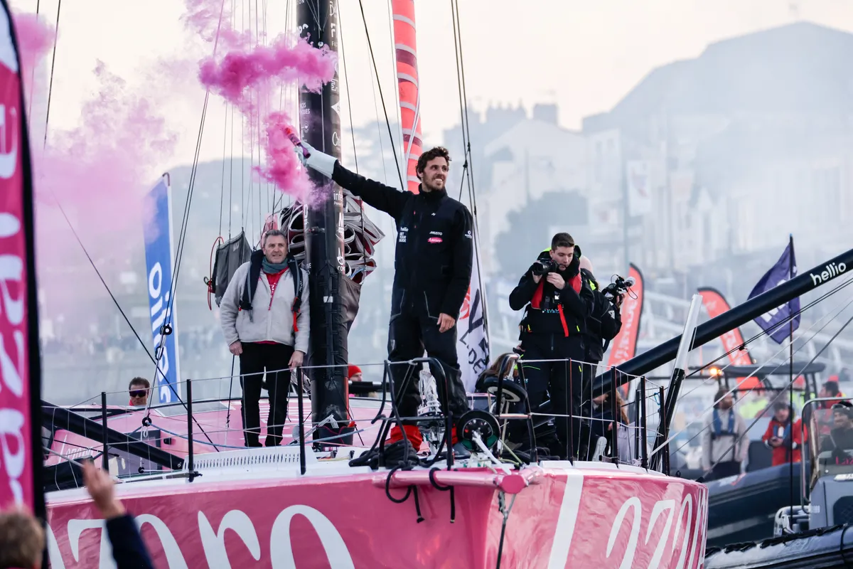 LES SABLES D’OLONNE, FRANCE - FEBRUARY 03, 2025 : Lazare skipper Tanguy Le Turquais (FRA) is photographed in the channel after taking 17th place in the Vendee Globe, on February 03, 2025 in Les Sables d'Olonne, France - (Photo by Anne Beauge / Alea)