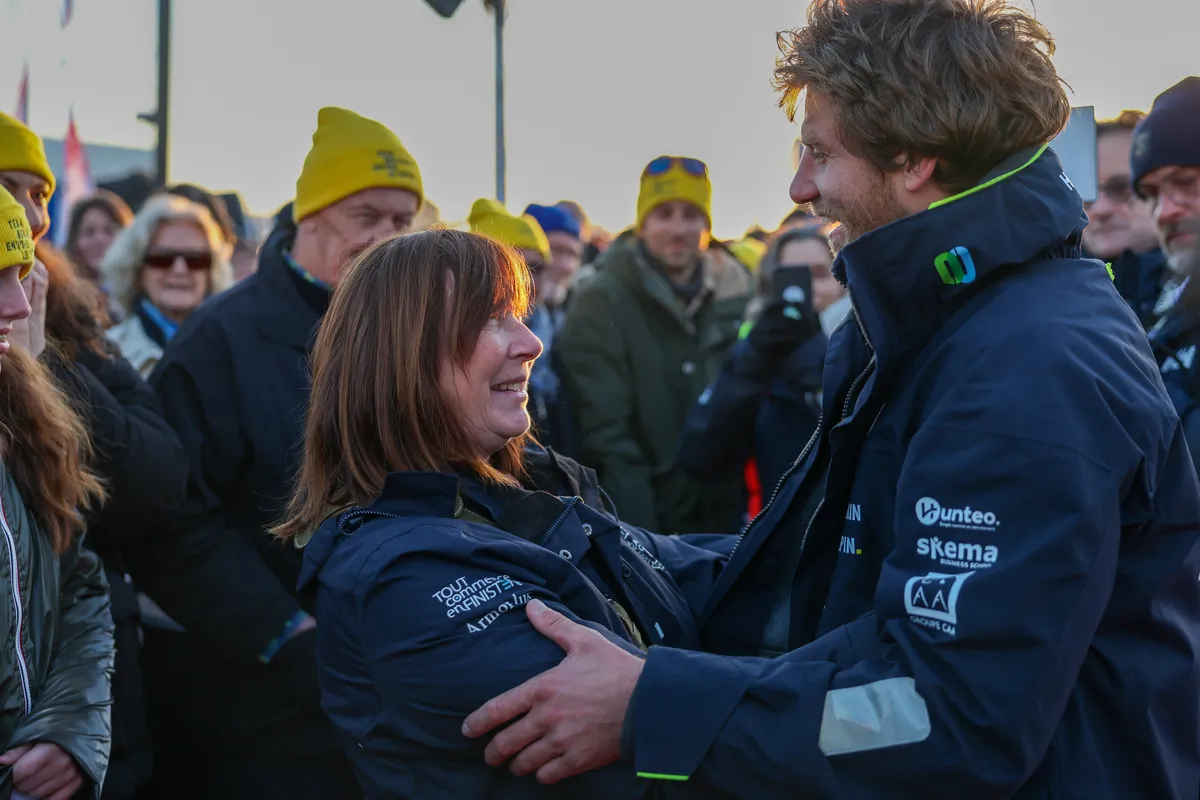 LES SABLES D’OLONNE, FRANCE - FEBRUARY 03, 2025 : Monnoyeur - DUO for a JOB skipper Benjamin Ferré (FRA) is celebrating with Anne Le Cam after taking 16th place in the Vendee Globe, on February 03, 2025 in Les Sables d'Olonne, France - (Photo by Jean-Marie Liot / Alea)