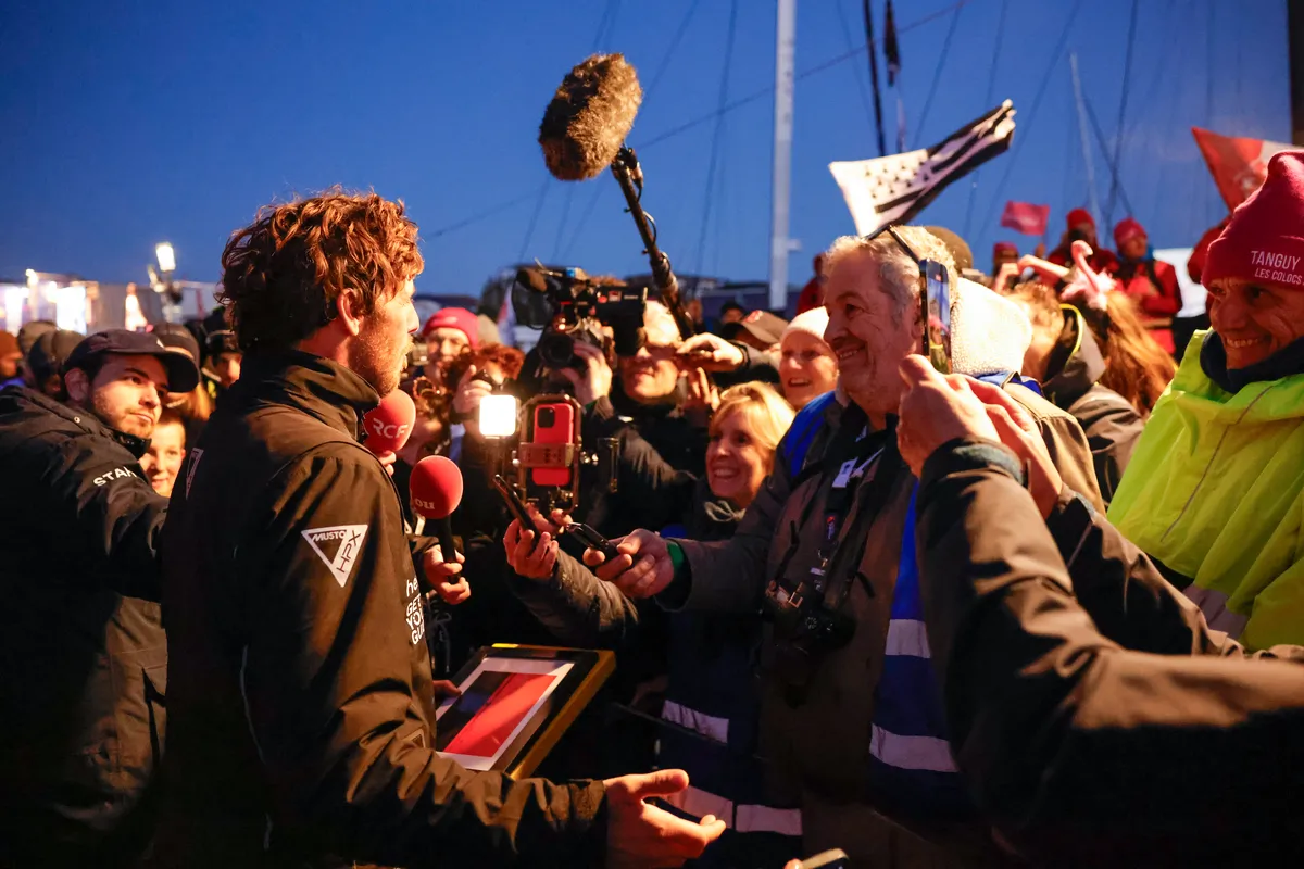 LES SABLES D’OLONNE, FRANCE - FEBRUARY 03, 2025 : Lazare skipper Tanguy Le Turquais (FRA) is photographed in the channel after taking 17th place in the Vendee Globe, on February 03, 2025 in Les Sables d'Olonne, France - (Photo by Anne Beauge / Alea)