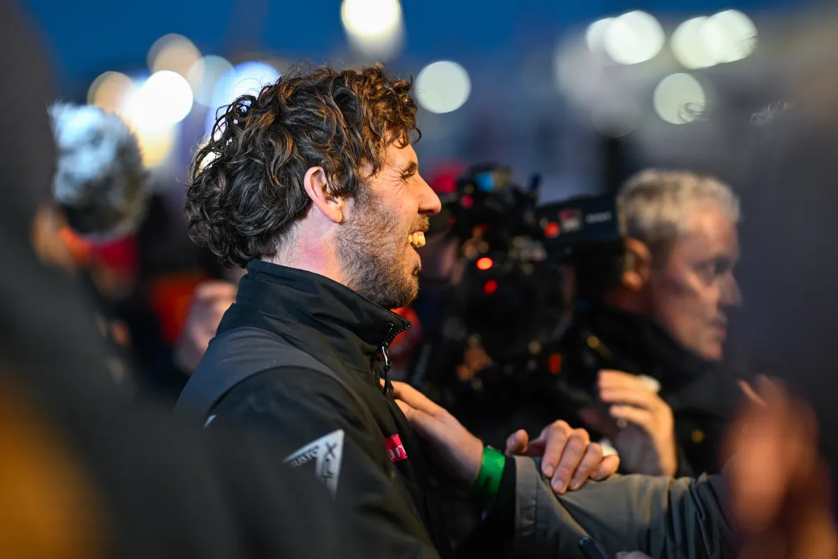 LES SABLES D’OLONNE, FRANCE - FEBRUARY 03, 2025 : Lazare skipper Tanguy Le Turquais (FRA) is photographed in the channel after taking 17th place in the Vendee Globe, on February 03, 2025 in Les Sables d'Olonne, France - (Photo by Jean-Louis Carli / Alea)