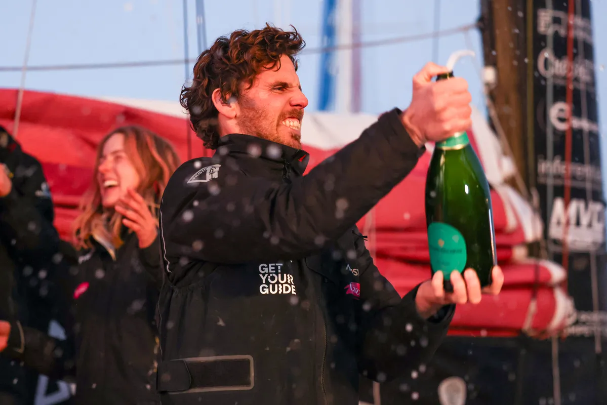 LES SABLES D’OLONNE, FRANCE - FEBRUARY 03, 2025 : Lazare skipper Tanguy Le Turquais (FRA) is photographed in the channel after taking 17th place in the Vendee Globe, on February 03, 2025 in Les Sables d'Olonne, France - (Photo by Jean-Marie Liot / Alea)