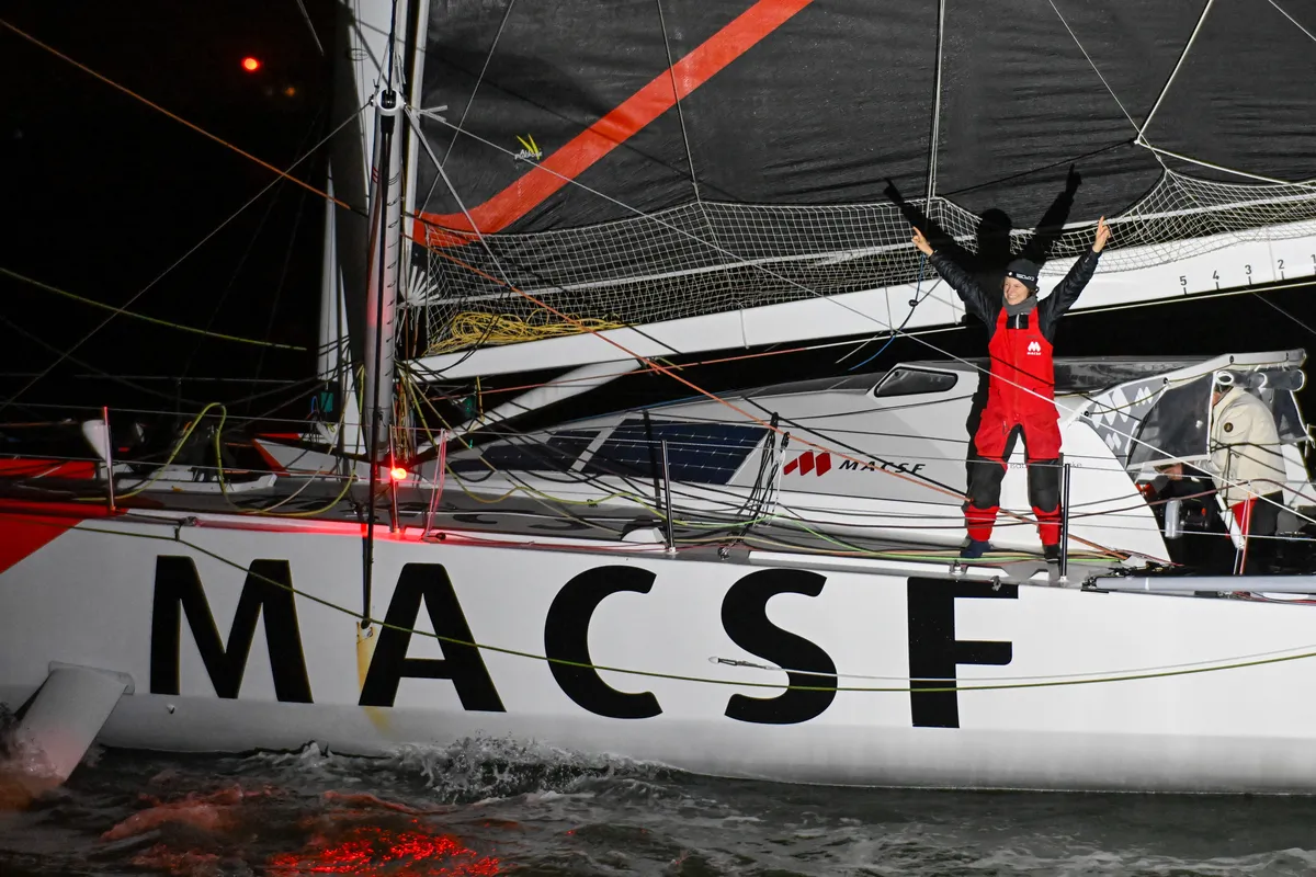 LES SABLES D’OLONNE, FRANCE - FEBRUARY 04, 2025 : MACSF skipper Isabelle Joschke (GER-FRA) is celebrating after taking 19th place in the Vendee Globe, on February 04, 2025 in Les Sables d'Olonne, France - (Photo by Jean-Louis Carli / Alea)