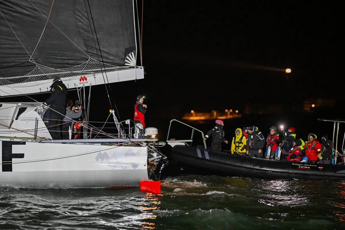 LES SABLES D’OLONNE, FRANCE - FEBRUARY 04, 2025 : MACSF skipper Isabelle Joschke (GER-FRA) is celebrating with her team after taking 19th place in the Vendee Globe, on February 04, 2025 in Les Sables d'Olonne, France - (Photo by Jean-Louis Carli / Alea)