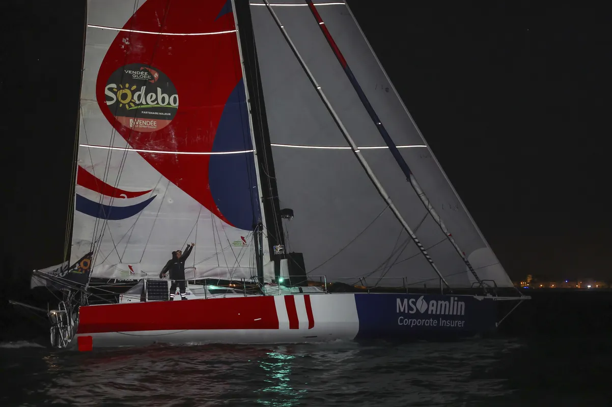LES SABLES D’OLONNE, FRANCE - FEBRUARY 04, 2025 : MS Amlin skipper Conrad Colman (NZL) is photographed after taking 21st place in the Vendee Globe, on February 04, 2025 in Les Sables d'Olonne, France - (Photo by Jean-Marie Liot / Alea)