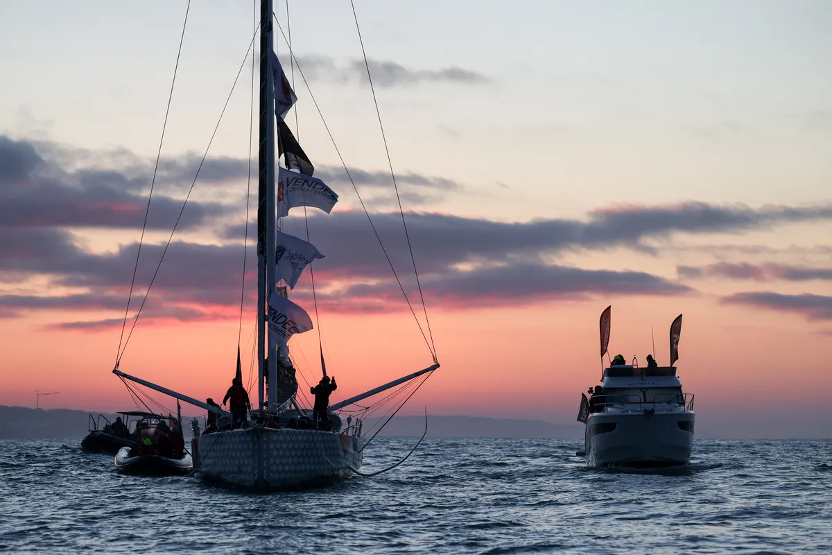 LES SABLES D’OLONNE, FRANCE - FEBRUARY 04, 2025 : MACSF skipper Isabelle Joschke (GER-FRA) is photographed in the channel after taking 19th place in the Vendee Globe, on February 04, 2025 in Les Sables d'Olonne, France - (Photo by Jean-Marie Liot / Alea)