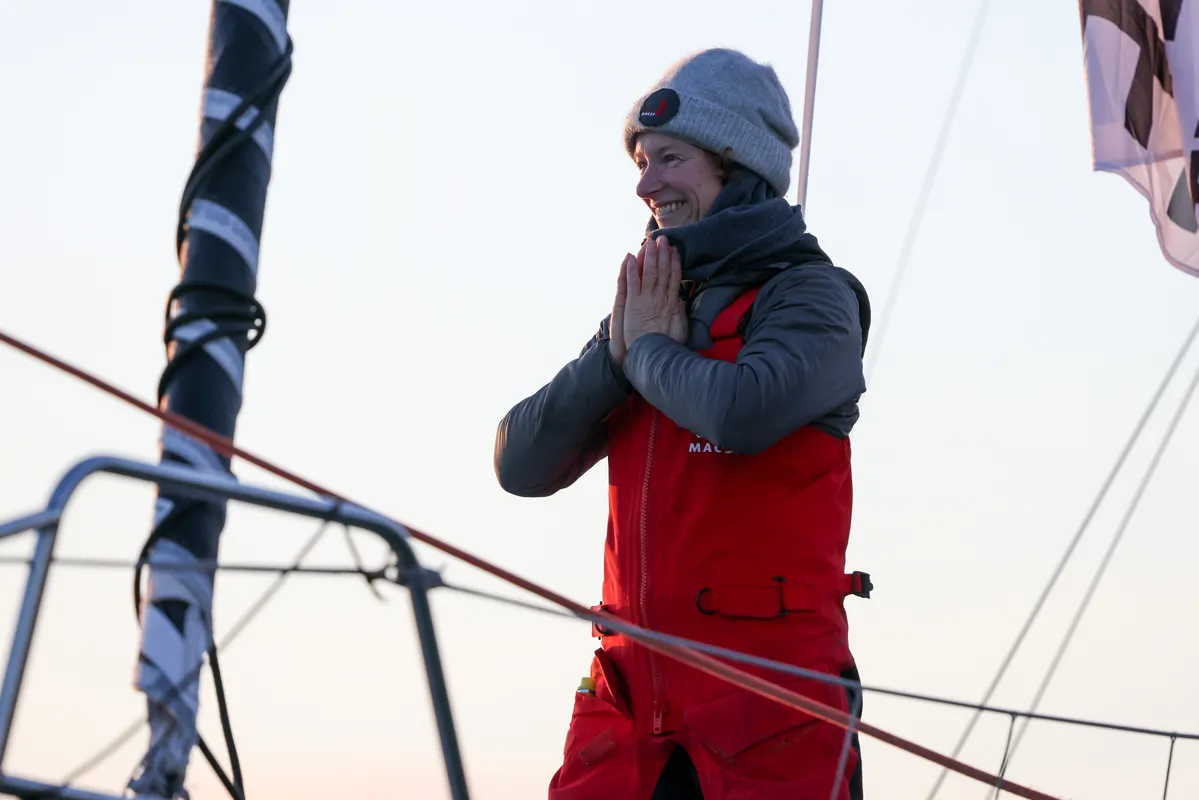 LES SABLES D’OLONNE, FRANCE - FEBRUARY 04, 2025 : MACSF skipper Isabelle Joschke (GER-FRA) is photographed in the channel after taking 19th place in the Vendee Globe, on February 04, 2025 in Les Sables d'Olonne, France - (Photo by Jean-Marie Liot / Alea)