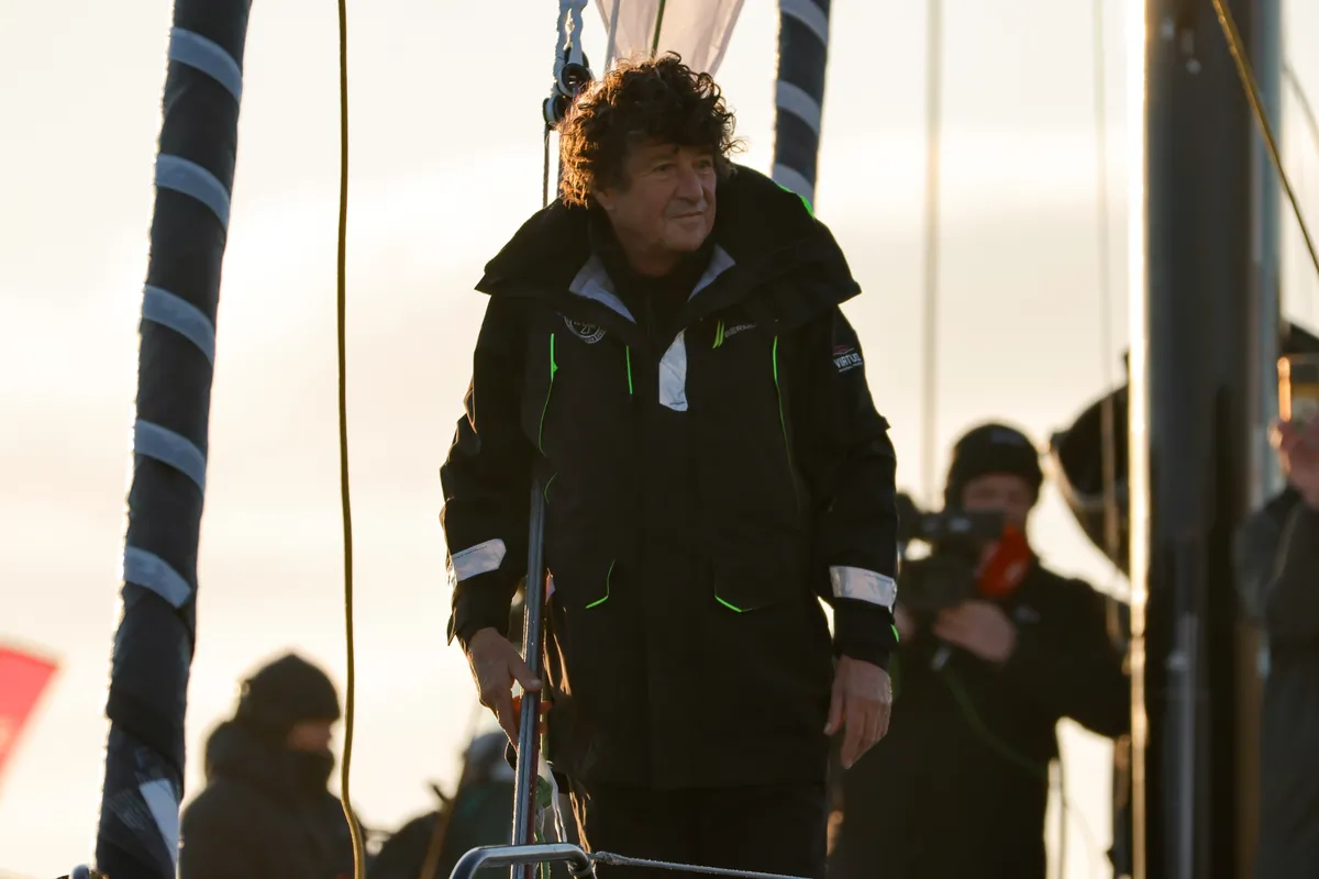 LES SABLES D’OLONNE, FRANCE - FEBRUARY 04, 2025 : Tout Commence en Finistère - Armor Lux skipper Jean le Cam (FRA) is photographed in the channel after taking 20th place in the Vendee Globe, on February 04, 2025 in Les Sables d'Olonne, France - (Photo by Anne Beauge / Alea)