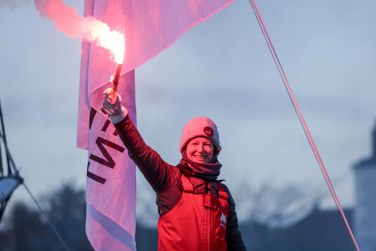 LES SABLES D’OLONNE, FRANCE - FEBRUARY 04, 2025 : MACSF skipper Isabelle Joschke (GER-FRA) is photographed after taking 19th place in the Vendee Globe, on February 04, 2025 in Les Sables d'Olonne, France - (Photo by Jean-Marie Liot / Alea)