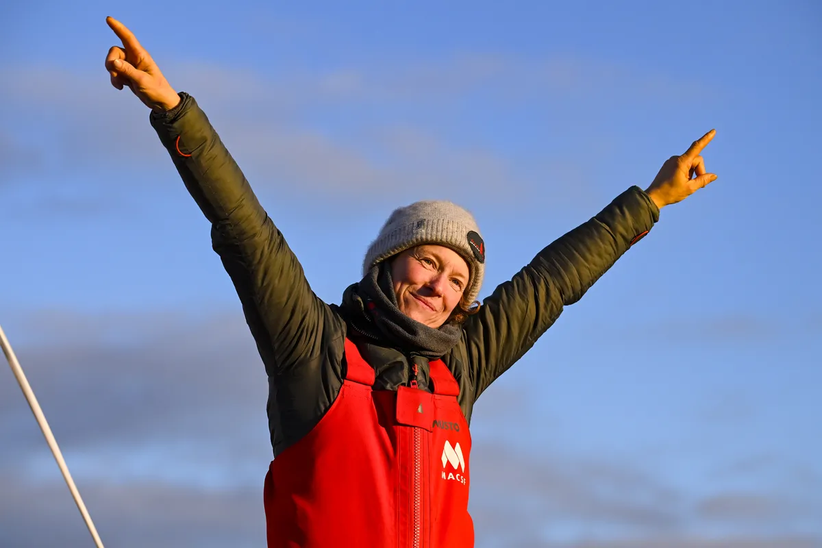 LES SABLES D’OLONNE, FRANCE - FEBRUARY 04, 2025 : MACSF skipper Isabelle Joschke (GER-FRA) is photographed in the channel after taking 19th place in the Vendee Globe, on February 04, 2025 in Les Sables d'Olonne, France - (Photo by Vincent Curutchet / Alea)
