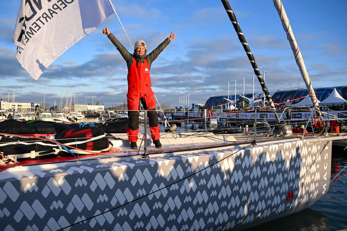 LES SABLES D’OLONNE, FRANCE - FEBRUARY 04, 2025 : MACSF skipper Isabelle Joschke (GER-FRA) is photographed in the channel after taking 19th place in the Vendee Globe, on February 04, 2025 in Les Sables d'Olonne, France - (Photo by Vincent Curutchet / Alea)