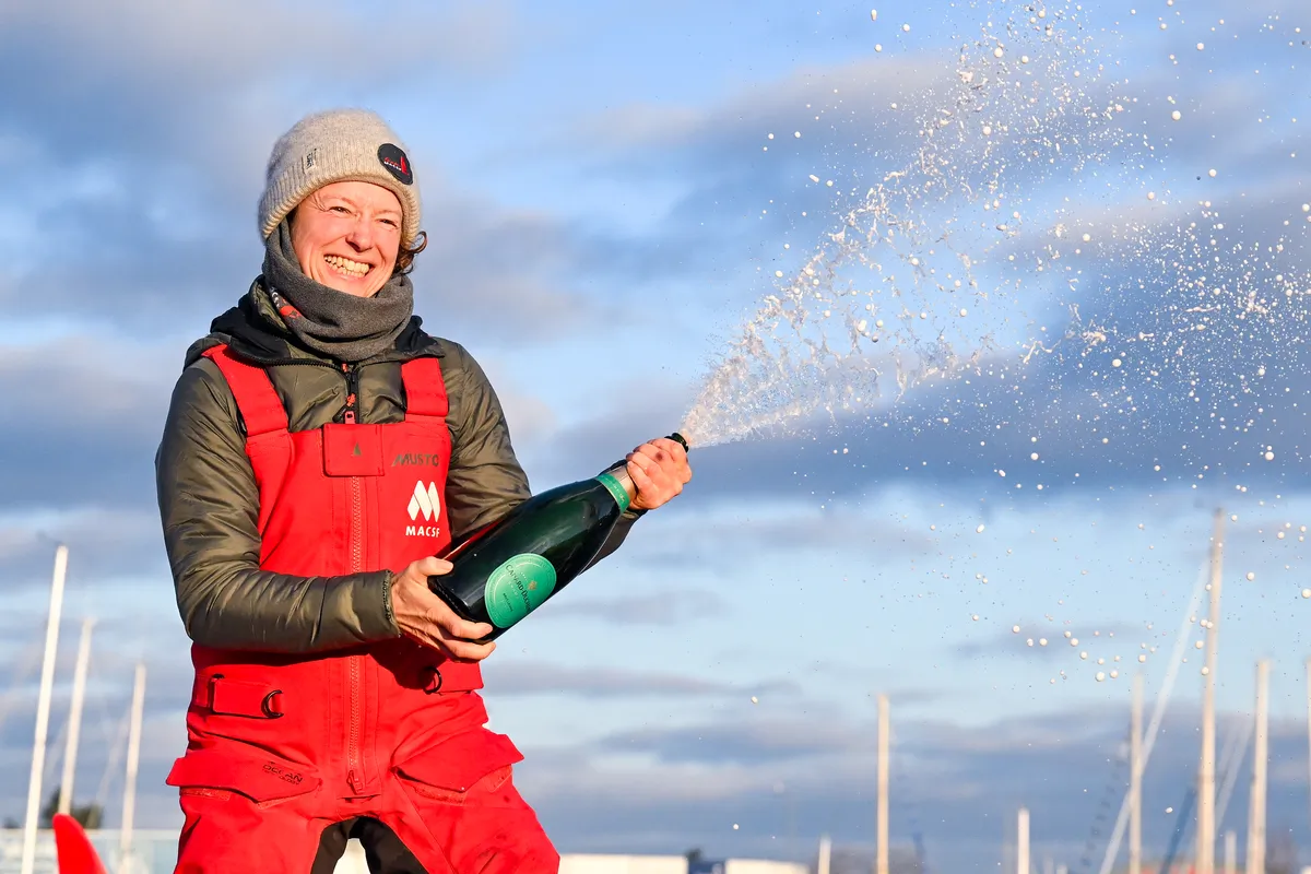 LES SABLES D’OLONNE, FRANCE - FEBRUARY 04, 2025 : MACSF skipper Isabelle Joschke (GER-FRA) is photographed in the channel after taking 19th place in the Vendee Globe, on February 04, 2025 in Les Sables d'Olonne, France - (Photo by Vincent Curutchet / Alea)