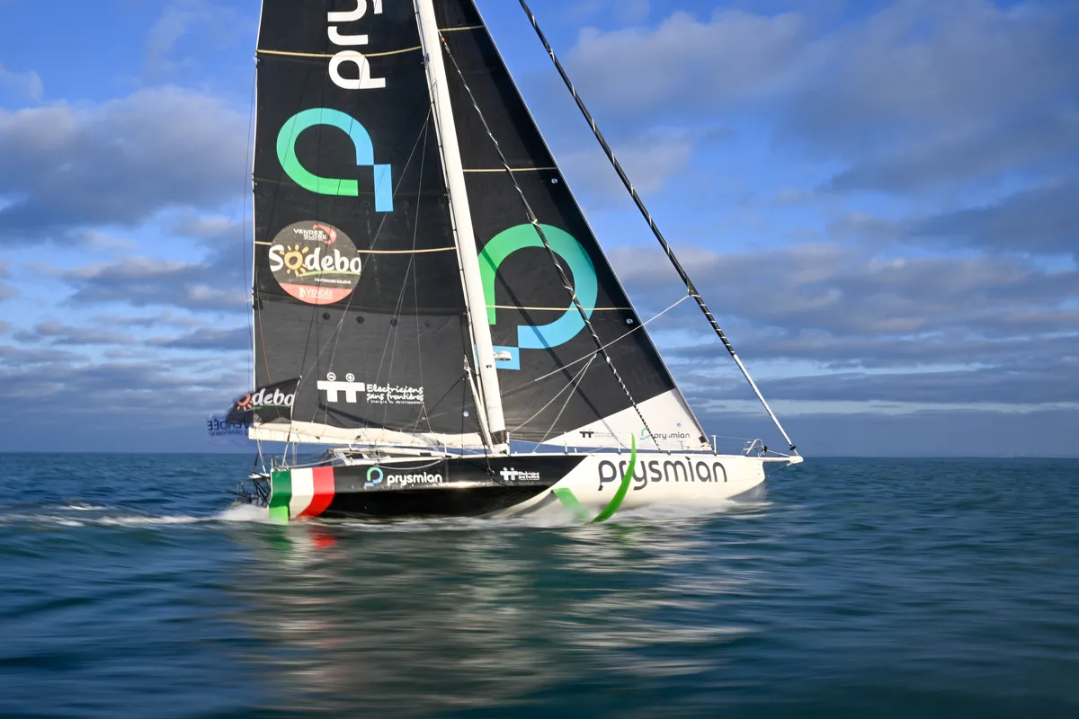LES SABLES D’OLONNE, FRANCE - FEBRUARY 04, 2025 : Prysmian skipper Giancarlo Pedote (ITA) is photographed after taking 22nd place in the Vendee Globe, on February 04, 2025 in Les Sables d'Olonne, France - (Photo by Jean-Louis Carli / Alea)