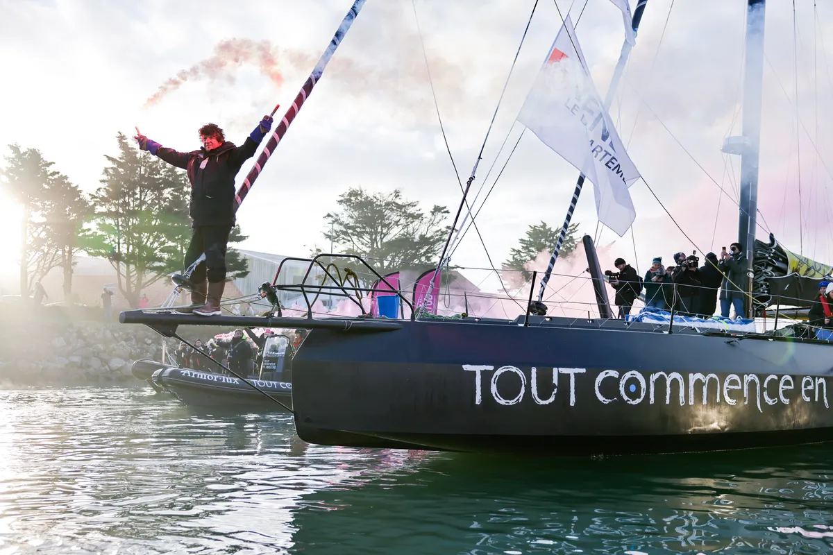 LES SABLES D’OLONNE, FRANCE - FEBRUARY 04, 2025 : Tout Commence en Finistère - Armor Lux skipper Jean le Cam (FRA) is photographed in the channel after taking 20th place in the Vendee Globe, on February 04, 2025 in Les Sables d'Olonne, France - (Photo by Anne Beauge / Alea)