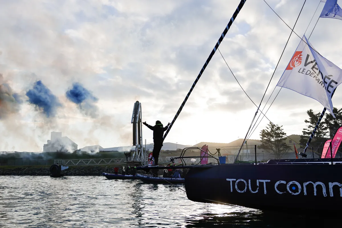 LES SABLES D’OLONNE, FRANCE - FEBRUARY 04, 2025 : Tout Commence en Finistère - Armor Lux skipper Jean le Cam (FRA) is photographed in the channel after taking 20th place in the Vendee Globe, on February 04, 2025 in Les Sables d'Olonne, France - (Photo by Anne Beauge / Alea)
