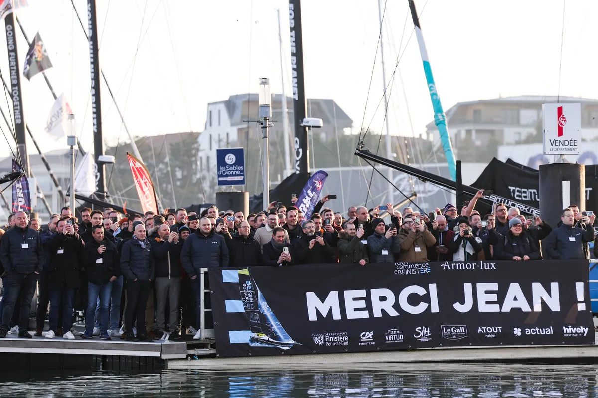 LES SABLES D’OLONNE, FRANCE - FEBRUARY 04, 2025 : Tout Commence en Finistère - Armor Lux skipper Jean le Cam (FRA) is photographed in the channel after taking 20th place in the Vendee Globe, on February 04, 2025 in Les Sables d'Olonne, France - (Photo by Jean-Marie Liot / Alea)