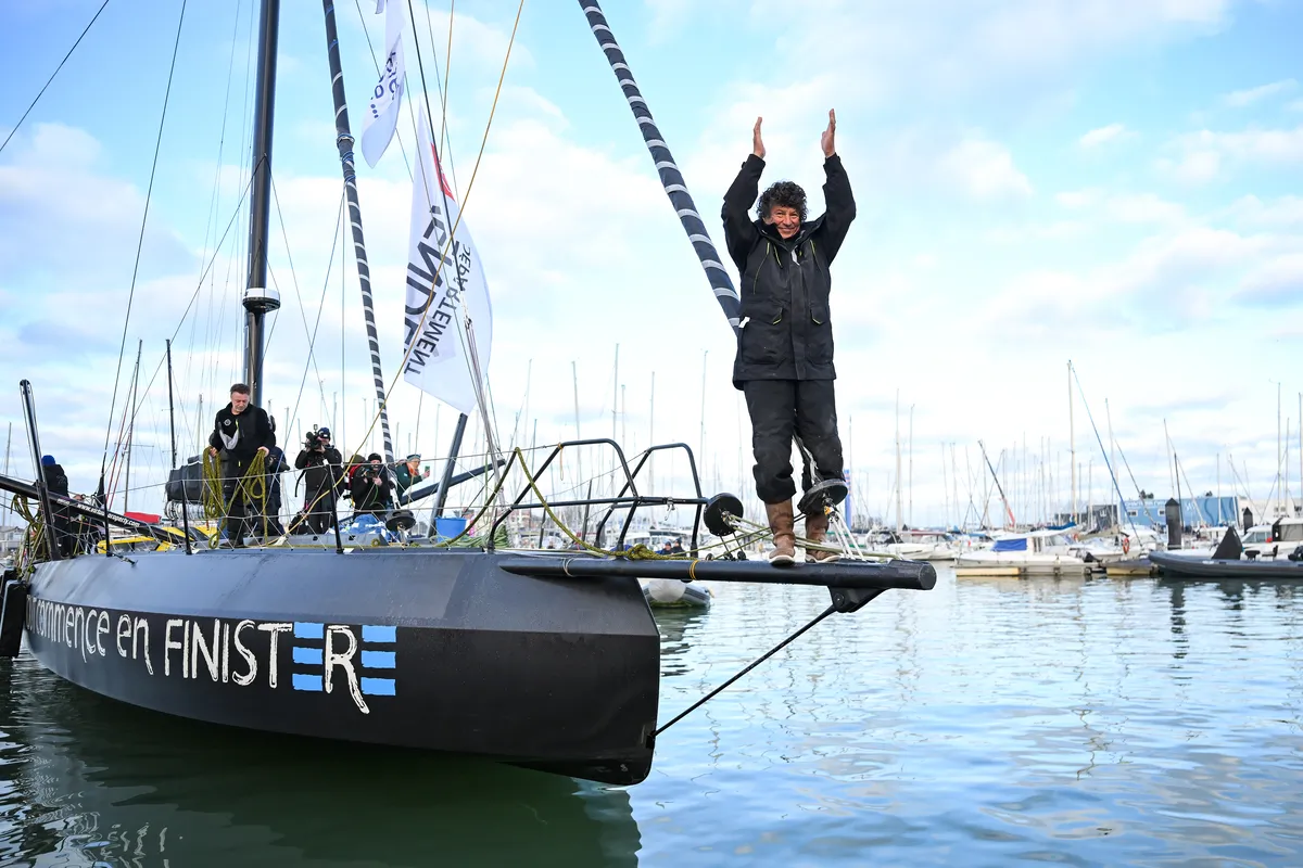 LES SABLES D’OLONNE, FRANCE - FEBRUARY 04, 2025 : Tout Commence en Finistère - Armor Lux skipper Jean le Cam (FRA) is photographed in the channel after taking 20th place in the Vendee Globe, on February 04, 2025 in Les Sables d'Olonne, France - (Photo by Vincent Curutchet / Alea)