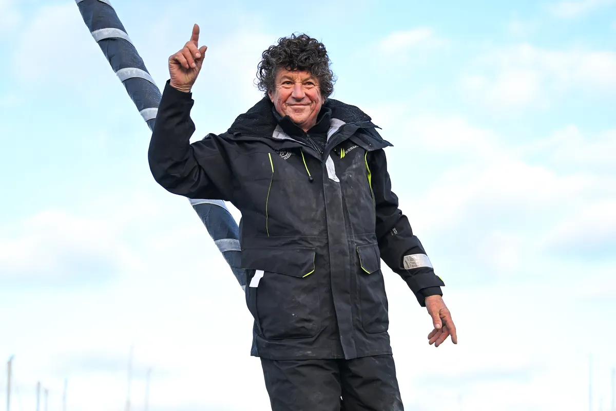 LES SABLES D’OLONNE, FRANCE - FEBRUARY 04, 2025 : Tout Commence en Finistère - Armor Lux skipper Jean le Cam (FRA) is photographed in the channel after taking 20th place in the Vendee Globe, on February 04, 2025 in Les Sables d'Olonne, France - (Photo by Vincent Curutchet / Alea)