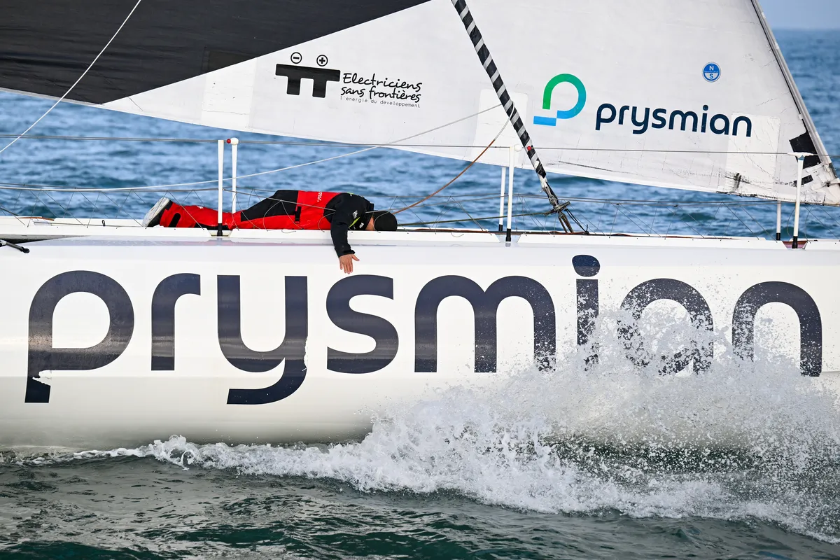 LES SABLES D’OLONNE, FRANCE - FEBRUARY 04, 2025 : Prysmian skipper Giancarlo Pedote (ITA) is photographed in the channel after taking 22nd place in the Vendee Globe, on February 04, 2025 in Les Sables d'Olonne, France - (Photo by Jean-Louis Carli / Alea)