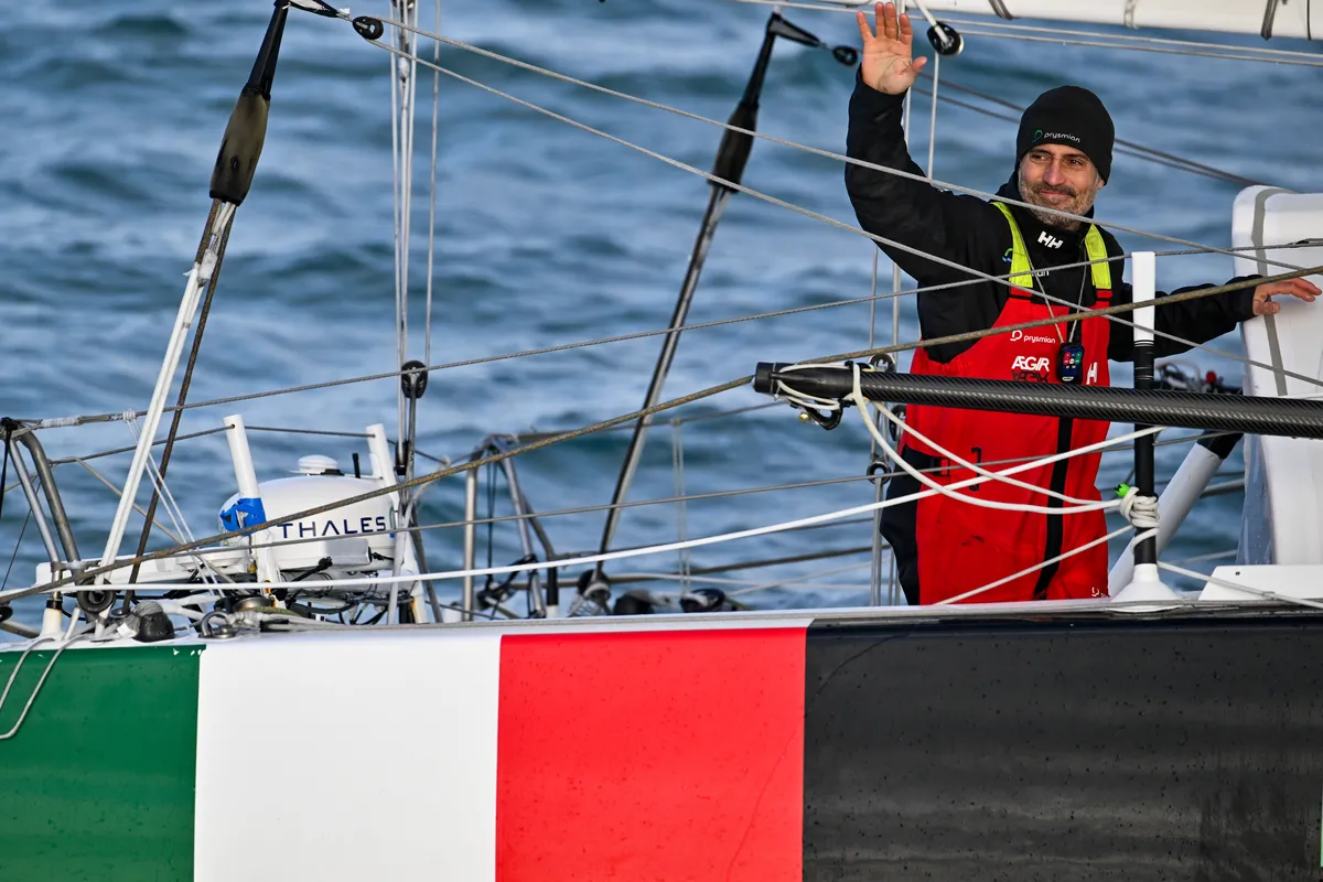 LES SABLES D’OLONNE, FRANCE - FEBRUARY 04, 2025 : Prysmian skipper Giancarlo Pedote (ITA) is photographed in the channel after taking 22nd place in the Vendee Globe, on February 04, 2025 in Les Sables d'Olonne, France - (Photo by Jean-Louis Carli / Alea)