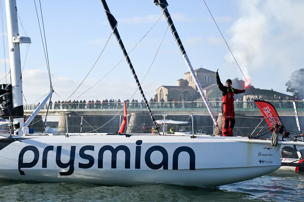LES SABLES D’OLONNE, FRANCE - FEBRUARY 04, 2025 : Prysmian skipper Giancarlo Pedote (ITA) is photographed in the channel after taking 22nd place in the Vendee Globe, on February 04, 2025 in Les Sables d'Olonne, France - (Photo by Jean-Louis Carli / Alea)