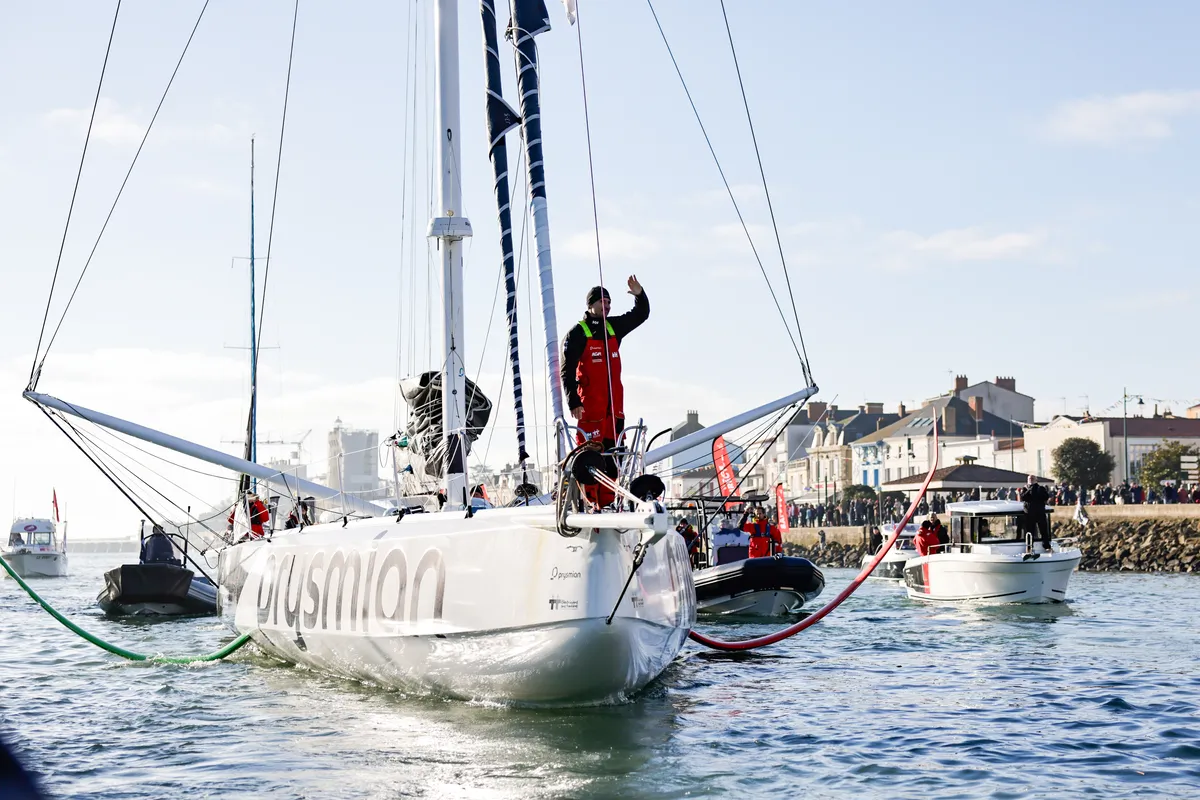 LES SABLES D’OLONNE, FRANCE - FEBRUARY 04, 2025 : Prysmian skipper Giancarlo Pedote (ITA) is photographed in the channel after taking 22nd place in the Vendee Globe, on February 04, 2025 in Les Sables d'Olonne, France - (Photo by Anne Beauge / Alea)
