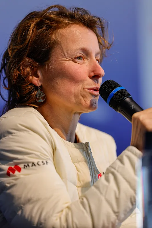 LES SABLES D’OLONNE, FRANCE - FEBRUARY 04, 2025 : MACSF skipper Isabelle Joschke (GER-FRA) speaks onstage after taking 19th place in the Vendee Globe, on February 04, 2025 in Les Sables d'Olonne, France - (Photo by Anne Beauge / Alea)