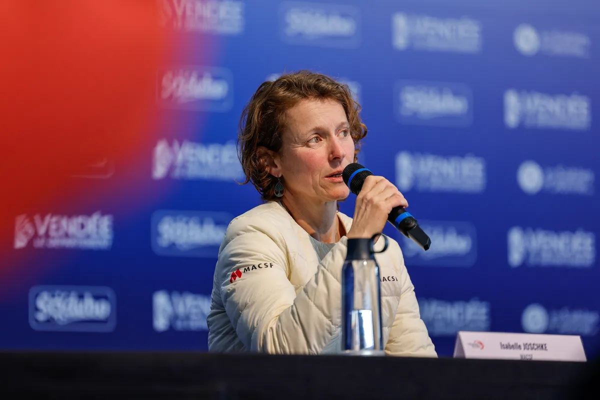 LES SABLES D’OLONNE, FRANCE - FEBRUARY 04, 2025 : MACSF skipper Isabelle Joschke (GER-FRA) speaks onstage after taking 19th place in the Vendee Globe, on February 04, 2025 in Les Sables d'Olonne, France - (Photo by Anne Beauge / Alea)