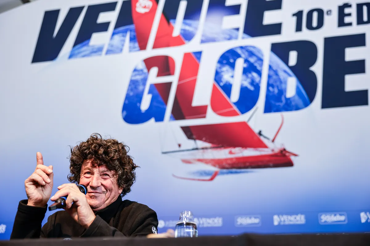 LES SABLES D’OLONNE, FRANCE - FEBRUARY 04, 2025 : Tout Commence en Finistère - Armor Lux skipper Jean le Cam (FRA) speaks onstage after taking 20th place in the Vendee Globe, on February 04, 2025 in Les Sables d'Olonne, France - (Photo by Anne Beauge / Alea)