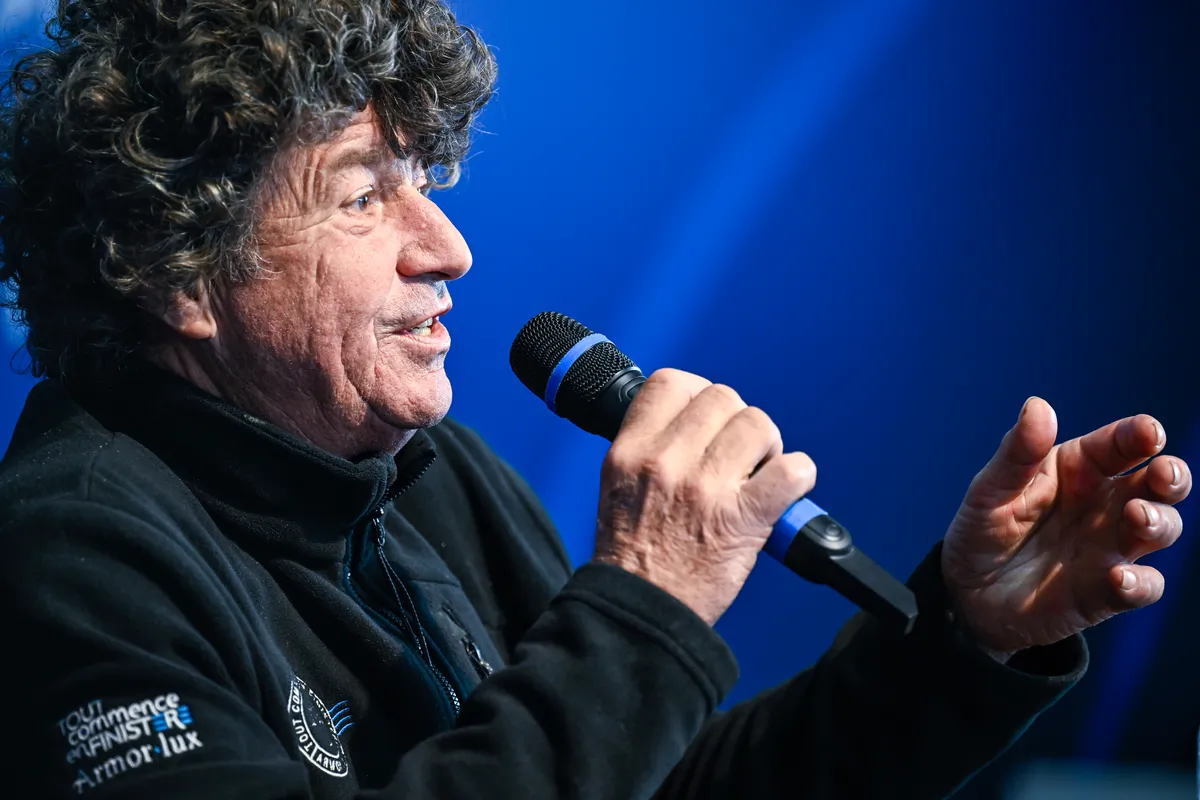 LES SABLES D’OLONNE, FRANCE - FEBRUARY 04, 2025 : Tout Commence en Finistère - Armor Lux skipper Jean le Cam (FRA) speaks onstage after taking 20th place in the Vendee Globe, on February 04, 2025 in Les Sables d'Olonne, France - (Photo by Jean-Louis Carli / Alea)