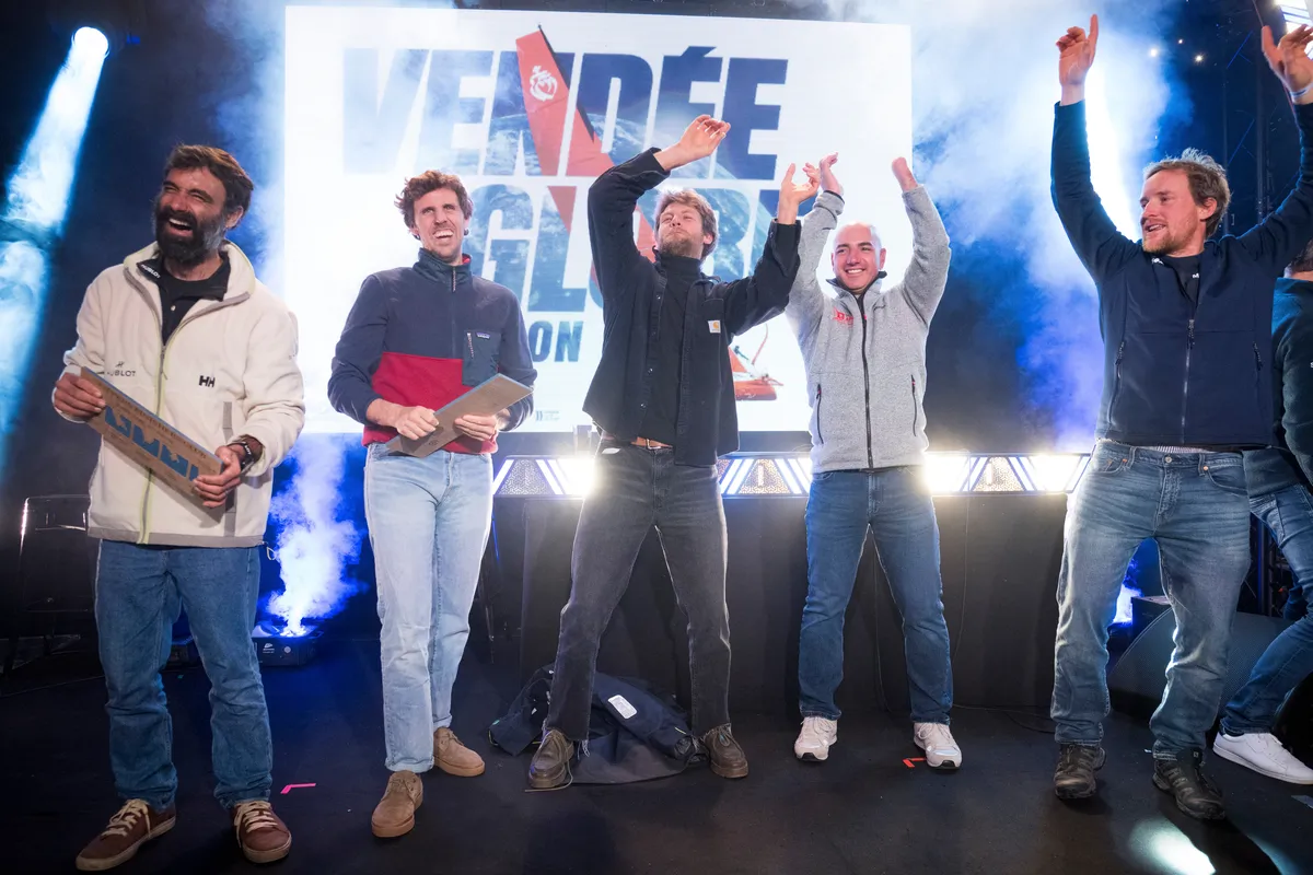 LES SABLES D'OLONNE, FRANCE - FEBRUARY 04, 2025 : Hublot skipper Alan Roura (SUI), Monnoyeur - DUO for a JOB skipper Benjamin Ferré (FRA), Lazare skipper Tanguy Le Turquais (FRA), Groupe APICIL skipper Damien Seguin (FRA) and MS Amlin skipper Conrad Colman (NZL) are photographed at the Skippers Finishers Club of the Vendee Globe, on February 04, 2025 in Les Sables d'Olonne, France - (Photo by Vincent Curutchet / Alea)