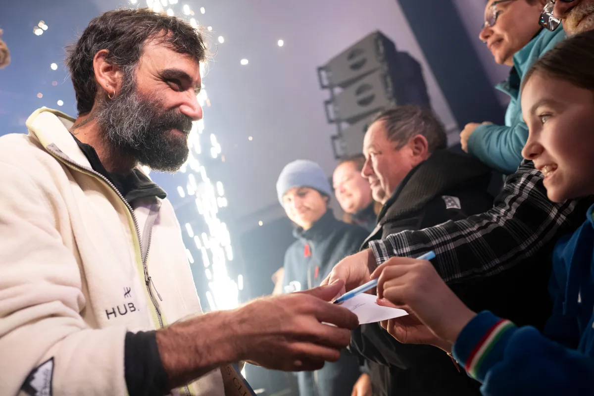 LES SABLES D'OLONNE, FRANCE - FEBRUARY 04, 2025 : Hublot skipper Alan Roura (SUI), Monnoyeur - DUO for a JOB skipper Benjamin Ferré (FRA), Lazare skipper Tanguy Le Turquais (FRA), Groupe APICIL skipper Damien Seguin (FRA) and MS Amlin skipper Conrad Colman (NZL) are photographed at the Skippers Finishers Club of the Vendee Globe, on February 04, 2025 in Les Sables d'Olonne, France - (Photo by Vincent Curutchet / Alea)
