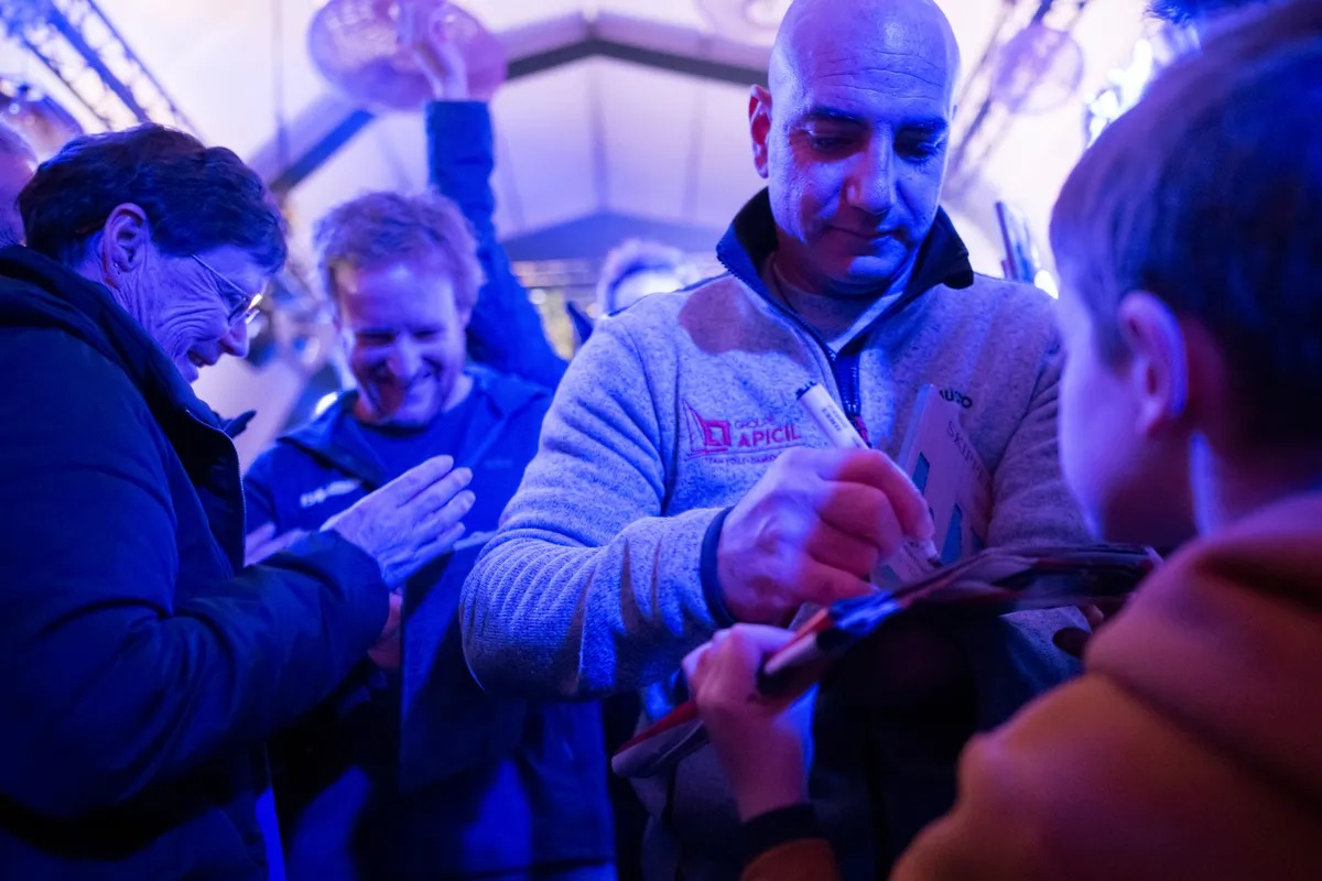 LES SABLES D'OLONNE, FRANCE - FEBRUARY 04, 2025 : Hublot skipper Alan Roura (SUI), Monnoyeur - DUO for a JOB skipper Benjamin Ferré (FRA), Lazare skipper Tanguy Le Turquais (FRA), Groupe APICIL skipper Damien Seguin (FRA) and MS Amlin skipper Conrad Colman (NZL) are photographed at the Skippers Finishers Club of the Vendee Globe, on February 04, 2025 in Les Sables d'Olonne, France - (Photo by Vincent Curutchet / Alea)