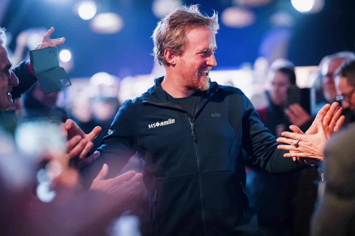 LES SABLES D'OLONNE, FRANCE - FEBRUARY 04, 2025 : Hublot skipper Alan Roura (SUI), Monnoyeur - DUO for a JOB skipper Benjamin Ferré (FRA), Lazare skipper Tanguy Le Turquais (FRA), Groupe APICIL skipper Damien Seguin (FRA) and MS Amlin skipper Conrad Colman (NZL) are photographed at the Skippers Finishers Club of the Vendee Globe, on February 04, 2025 in Les Sables d'Olonne, France - (Photo by Vincent Curutchet / Alea)