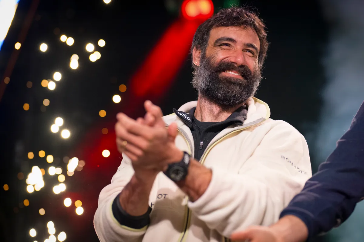 LES SABLES D'OLONNE, FRANCE - FEBRUARY 04, 2025 : Hublot skipper Alan Roura (SUI), Monnoyeur - DUO for a JOB skipper Benjamin Ferré (FRA), Lazare skipper Tanguy Le Turquais (FRA), Groupe APICIL skipper Damien Seguin (FRA) and MS Amlin skipper Conrad Colman (NZL) are photographed at the Skippers Finishers Club of the Vendee Globe, on February 04, 2025 in Les Sables d'Olonne, France - (Photo by Vincent Curutchet / Alea)