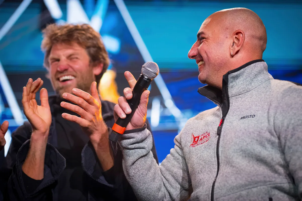 LES SABLES D'OLONNE, FRANCE - FEBRUARY 04, 2025 : Hublot skipper Alan Roura (SUI), Monnoyeur - DUO for a JOB skipper Benjamin Ferré (FRA), Lazare skipper Tanguy Le Turquais (FRA), Groupe APICIL skipper Damien Seguin (FRA) and MS Amlin skipper Conrad Colman (NZL) are photographed at the Skippers Finishers Club of the Vendee Globe, on February 04, 2025 in Les Sables d'Olonne, France - (Photo by Vincent Curutchet / Alea)
