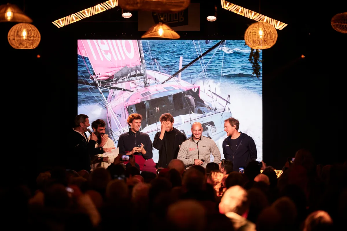 LES SABLES D'OLONNE, FRANCE - FEBRUARY 04, 2025 : Hublot skipper Alan Roura (SUI), Monnoyeur - DUO for a JOB skipper Benjamin Ferré (FRA), Lazare skipper Tanguy Le Turquais (FRA), Groupe APICIL skipper Damien Seguin (FRA) and MS Amlin skipper Conrad Colman (NZL) are photographed at the Skippers Finishers Club of the Vendee Globe, on February 04, 2025 in Les Sables d'Olonne, France - (Photo by Anne Beauge / Alea)