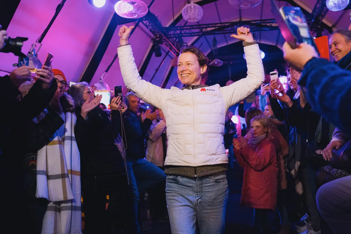LES SABLES D'OLONNE, FRANCE - FEBRUARY 05, 2025 : MACSF skipper Isabelle Joschke (GER-FRA) is photographed at the Skippers Finishers Club of the Vendee Globe, on February 05, 2025 in Les Sables d'Olonne, France - (Photo by Vincent Curutchet / Alea)
