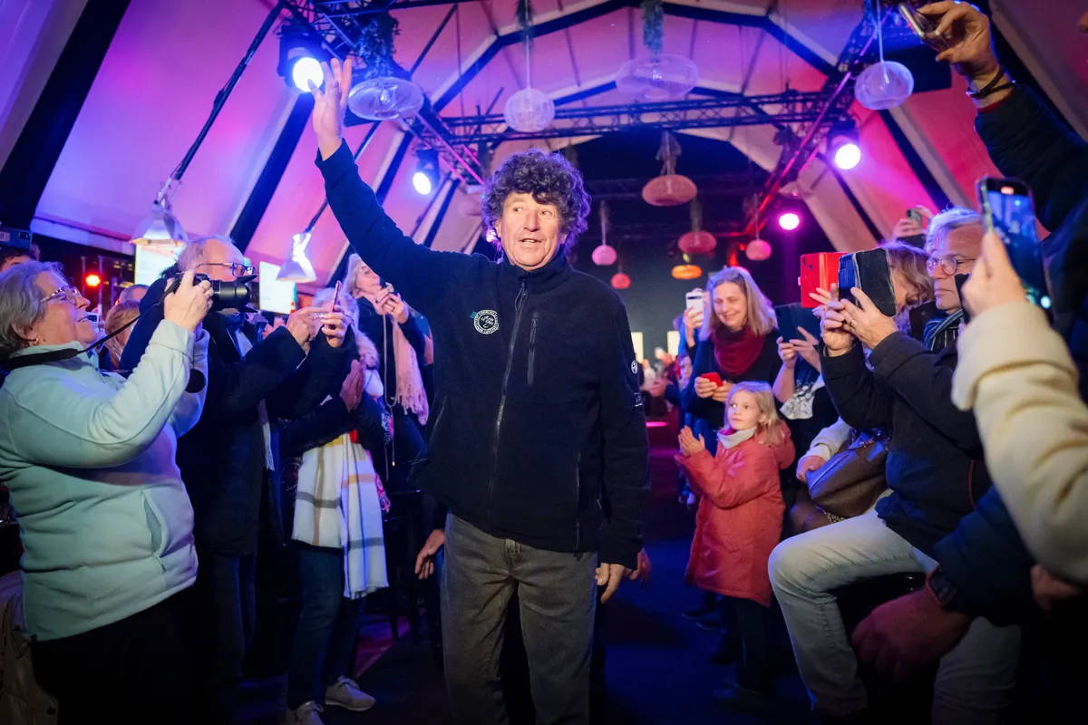 LES SABLES D'OLONNE, FRANCE - FEBRUARY 05, 2025 : Tout Commence en Finistère - Armor Lux skipper Jean le Cam (FRA), is photographed at the Skippers Finishers Club of the Vendee Globe, on February 05, 2025 in Les Sables d'Olonne, France - (Photo by Vincent Curutchet / Alea)